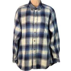 Bass Pro Shops Mens XL Blue White Plaid Flannel Button-Up Long Sleeve Shirt